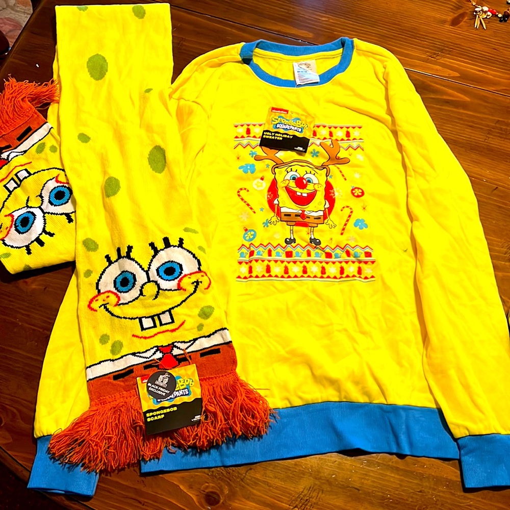 SpongeBob ugly Christmas sweater and scarf lot
